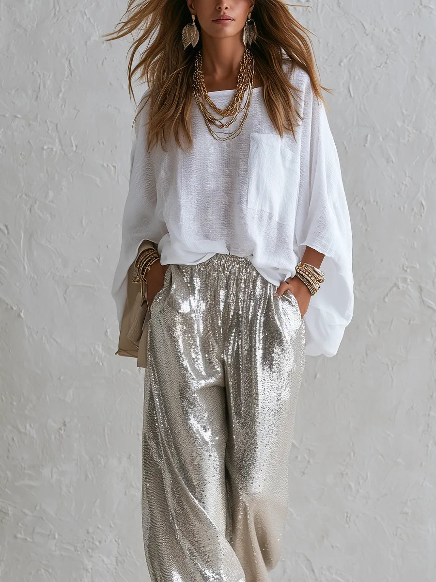 Bohemian Cotton-linen Top And Sequined Trousers Set
