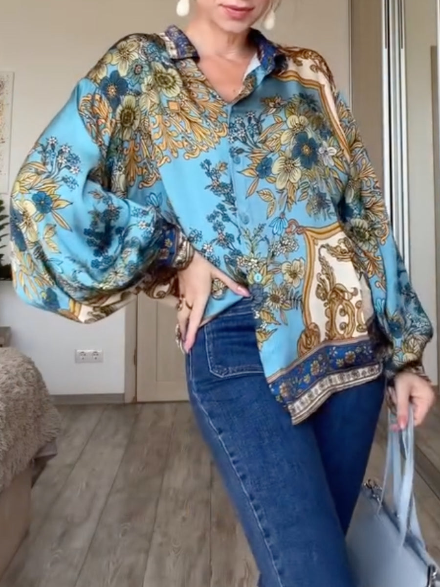 Vintage Floral Print Lantern Sleeve Button Down Chiffon Blouse