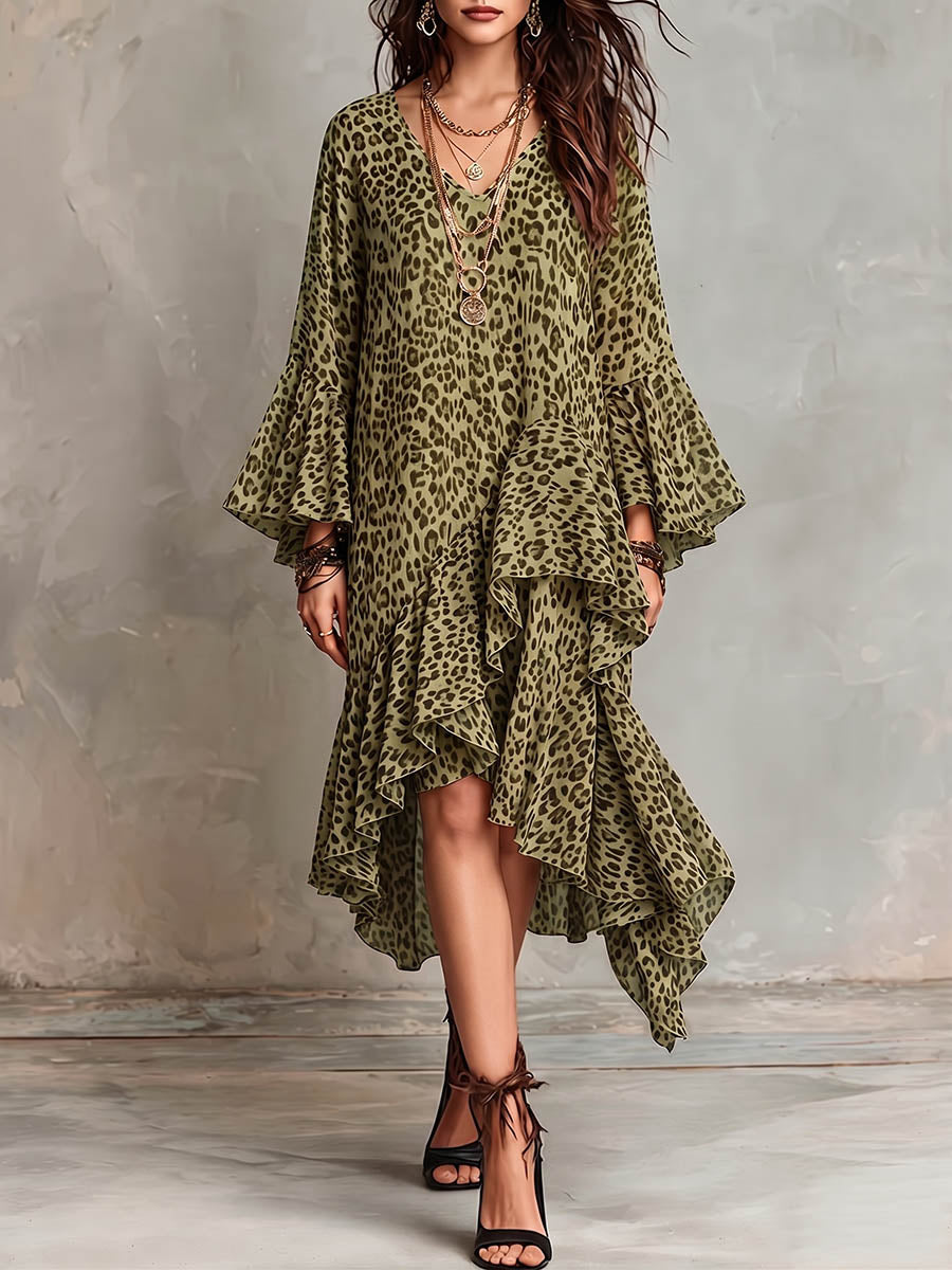 Women's Leopard Print V-neck Long-sleeve Casual Loose Chiffon A-line Dress