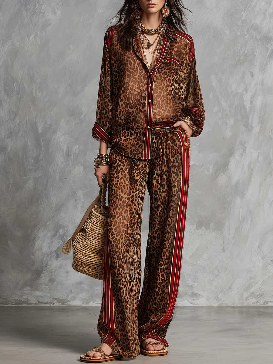 Glam Vacation Sheer Leopard Red-Trim Collared Brown Shirt & Trouser Set