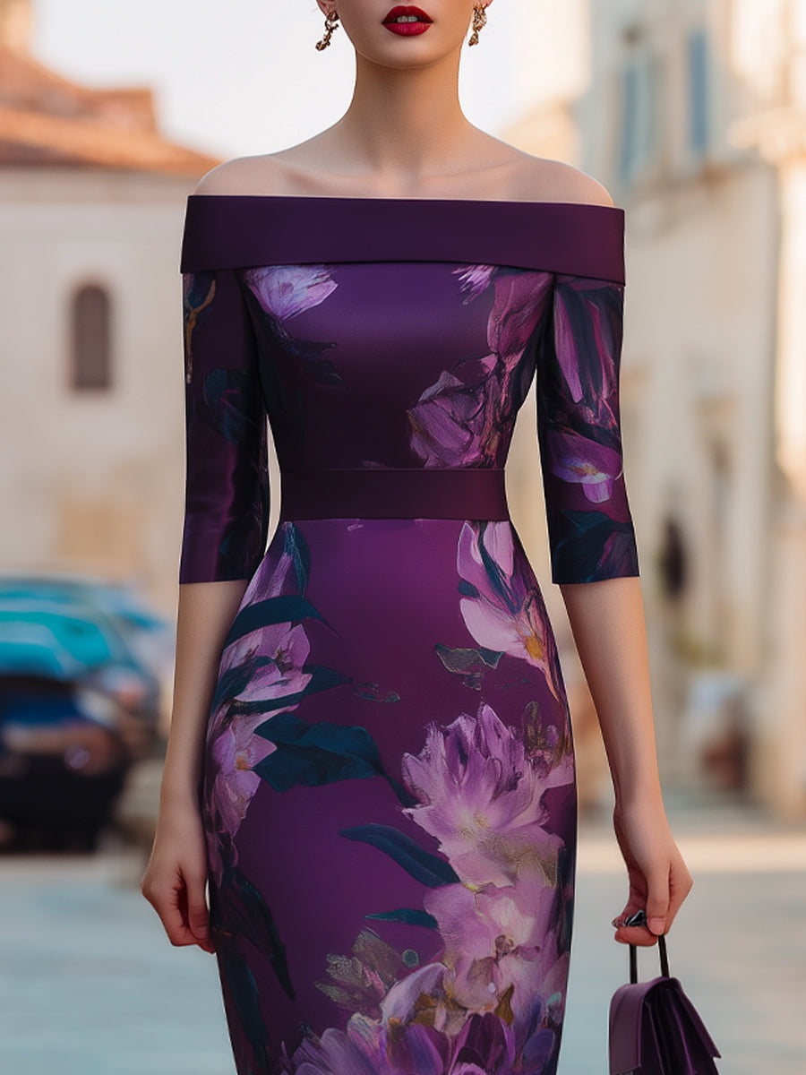 Off-Shoulder Floral Print Structured Midi Dress