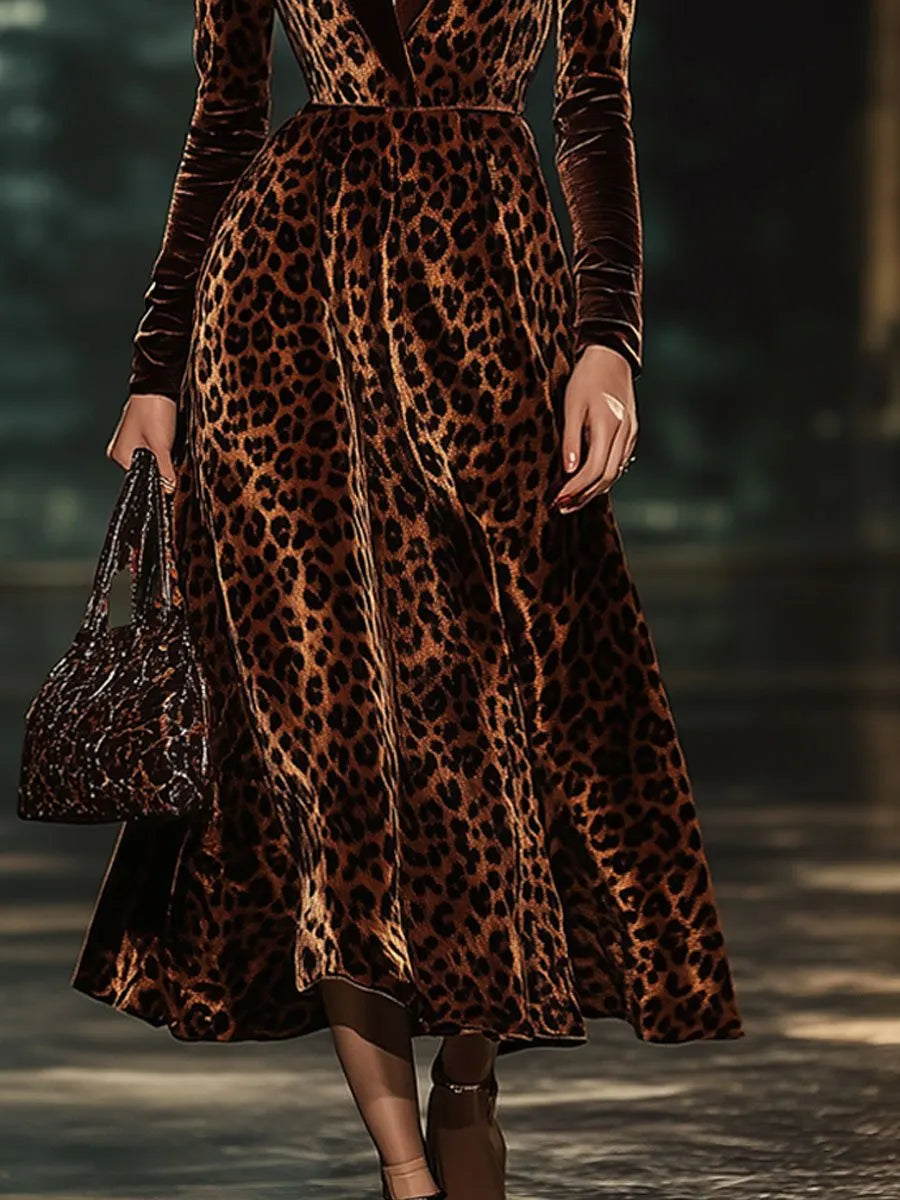 [24-hour shipping out]Lapel Fashion Party Leopard Print Velvet Long Sleeve Midi Dress