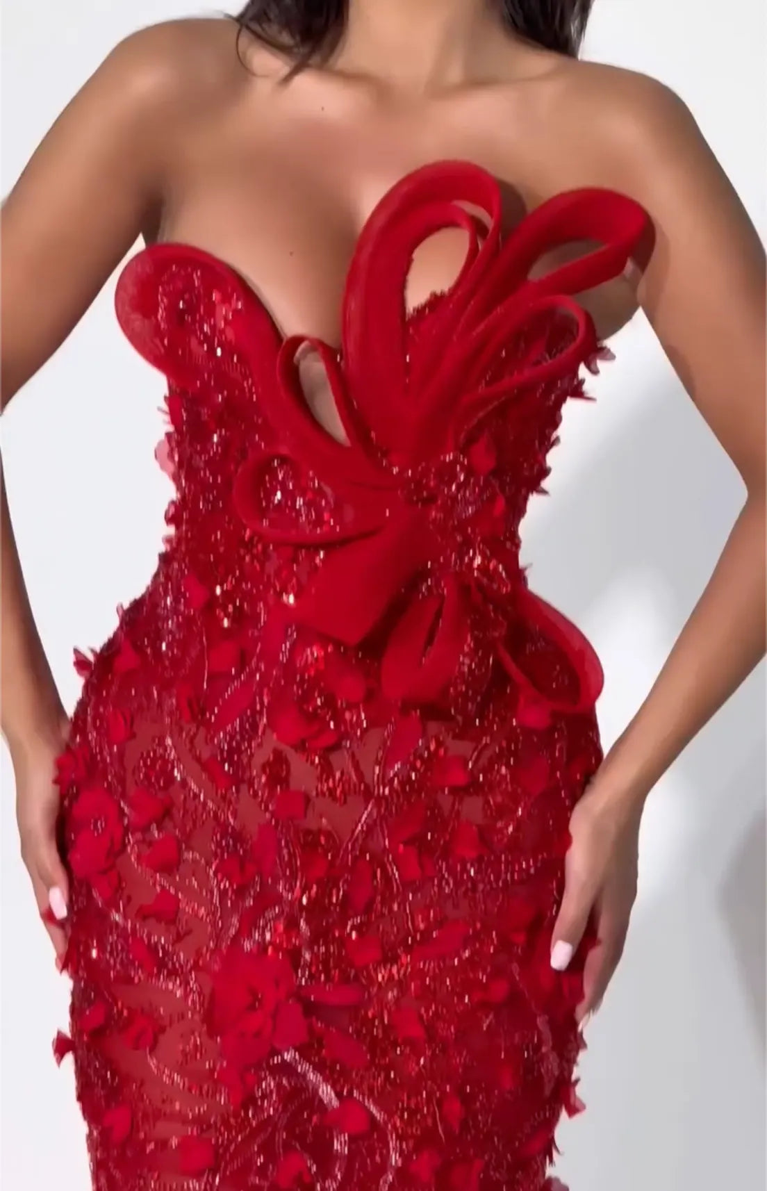 Red Strapless 3D Floral Sequin Mermaid Maxi Dress - Formal Evening Gown for Women