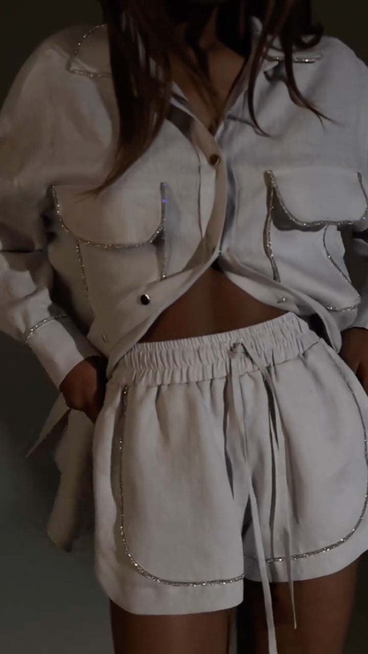 Women's Collared Linen-Trimmed Shirt & Shorts Set