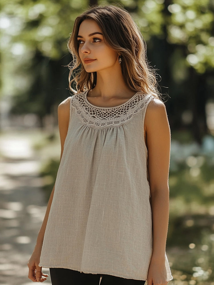 Women's Lace Embroidery Linen Sleeveless Top