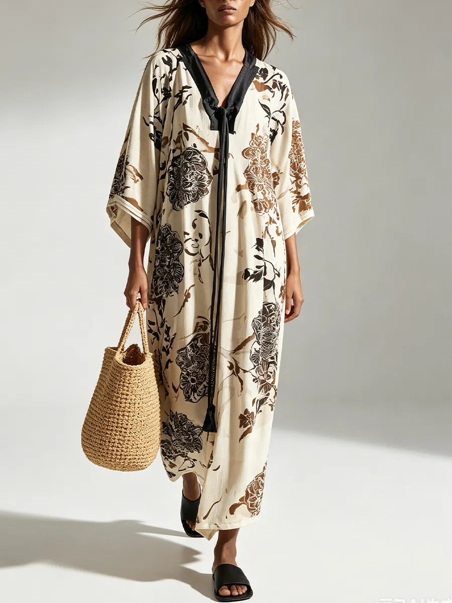 Resort-Style Straight-Cut Slimming Printed Kimono-Sleeved Maxi Dress