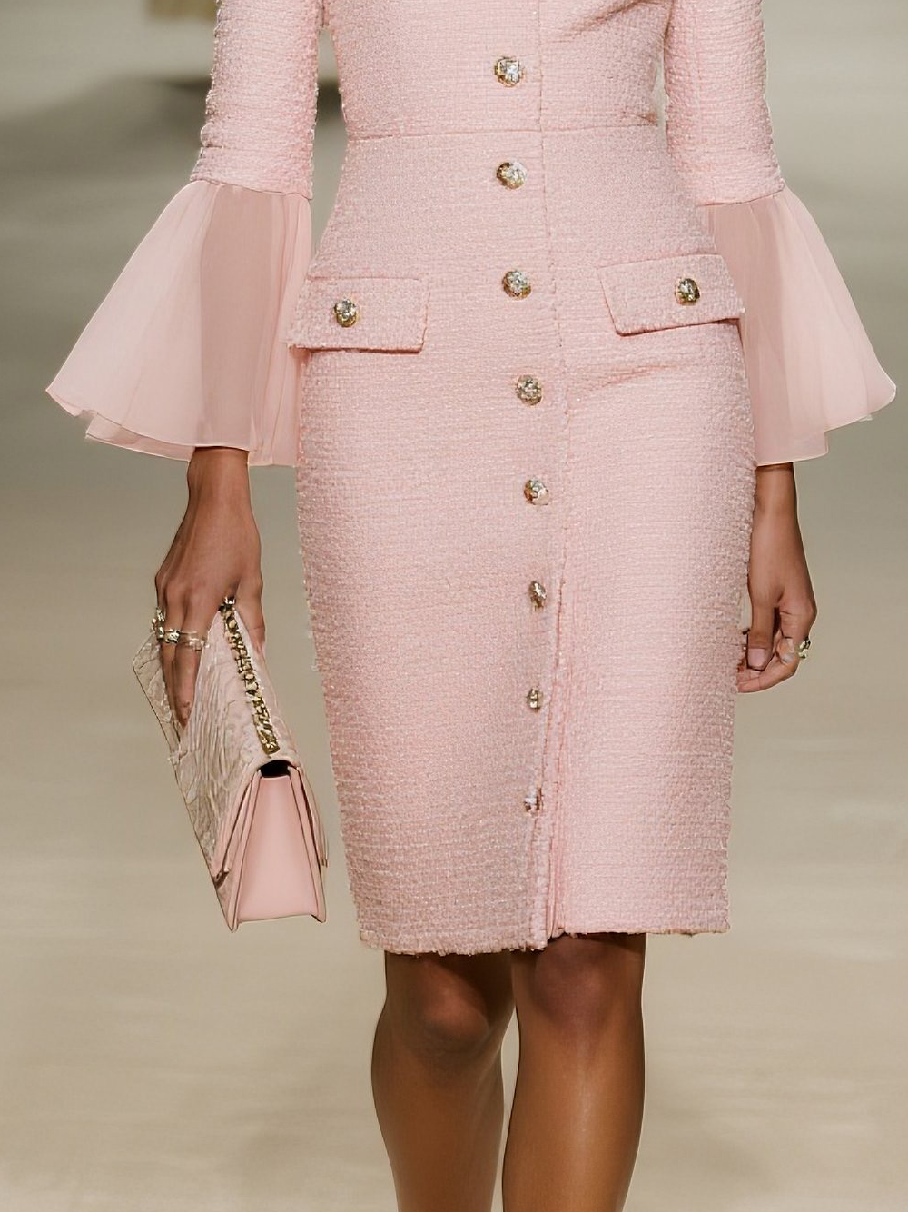 Light Pink Buckle Mesh Tweed Lapel Collar Long Sleeve Bell Sleeve Sheath Midi Dress