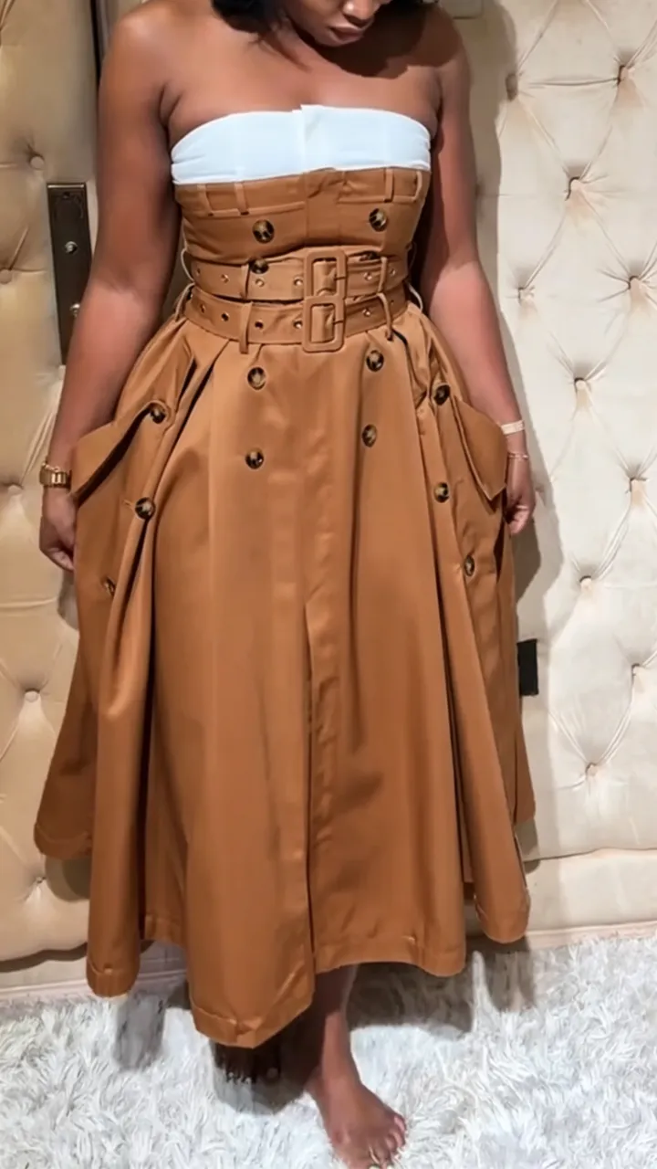 Women Strapless Sleeveless Patchwork Double Breasted Elegant Temperament Dress