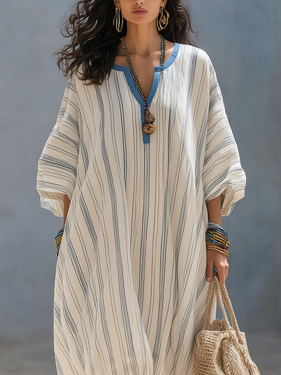 Casual Blue Striped Bohemian Style Maxi Dress