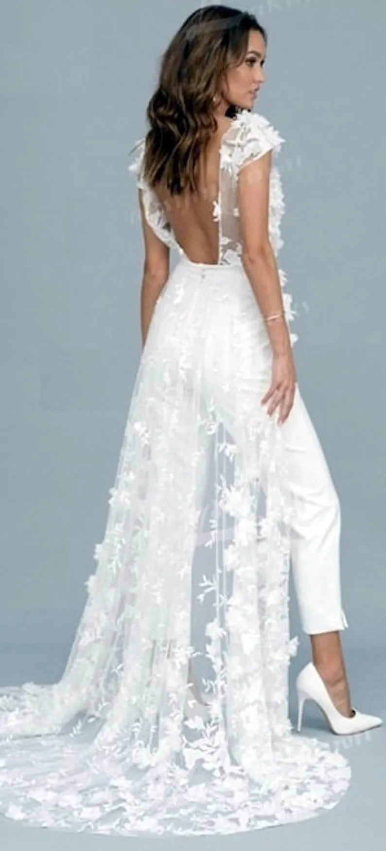 White Lace Jumsuit, Wedding reception dress, Custom Wedding dress, Rehearsal dinner dress, Jumpsuit with overskirt