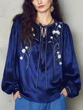 Refined Royal Blue Floral Embroidered Blouse