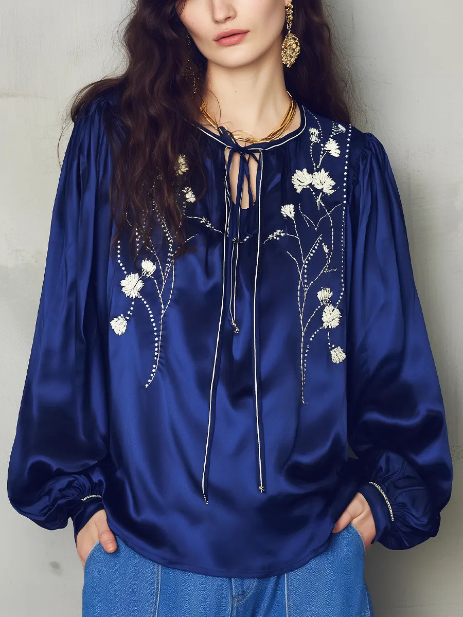 Refined Royal Blue Floral Embroidered Blouse