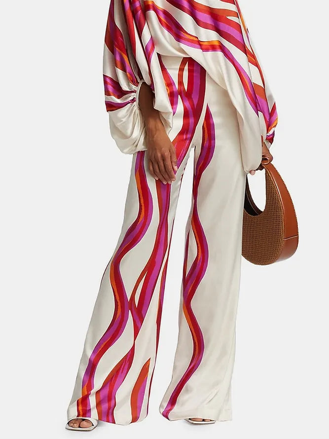 Printed Loose Puff Sleeves Off-the-shoulder Two Pieces Set Pants Set Casual Pants Bottoms Blouses