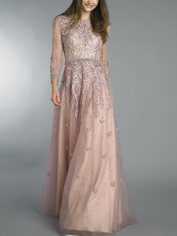Round Neck Mesh Lace Long Sleeve Solid Color Maxi Dress