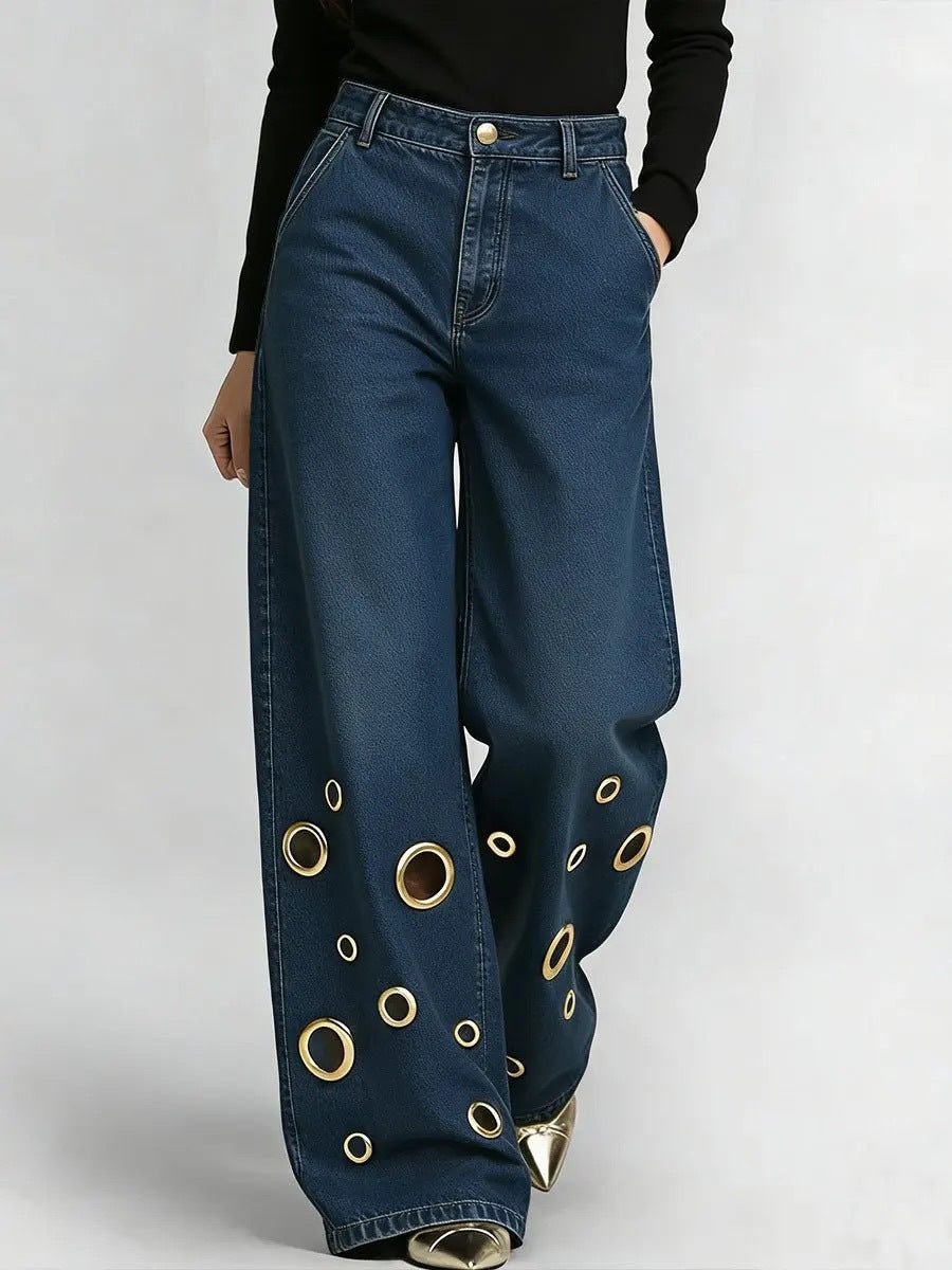 Women's Trendy High-Waist Wide-Leg Jeans - Retro Grommet Eyelet Streetwear Denim Pants
