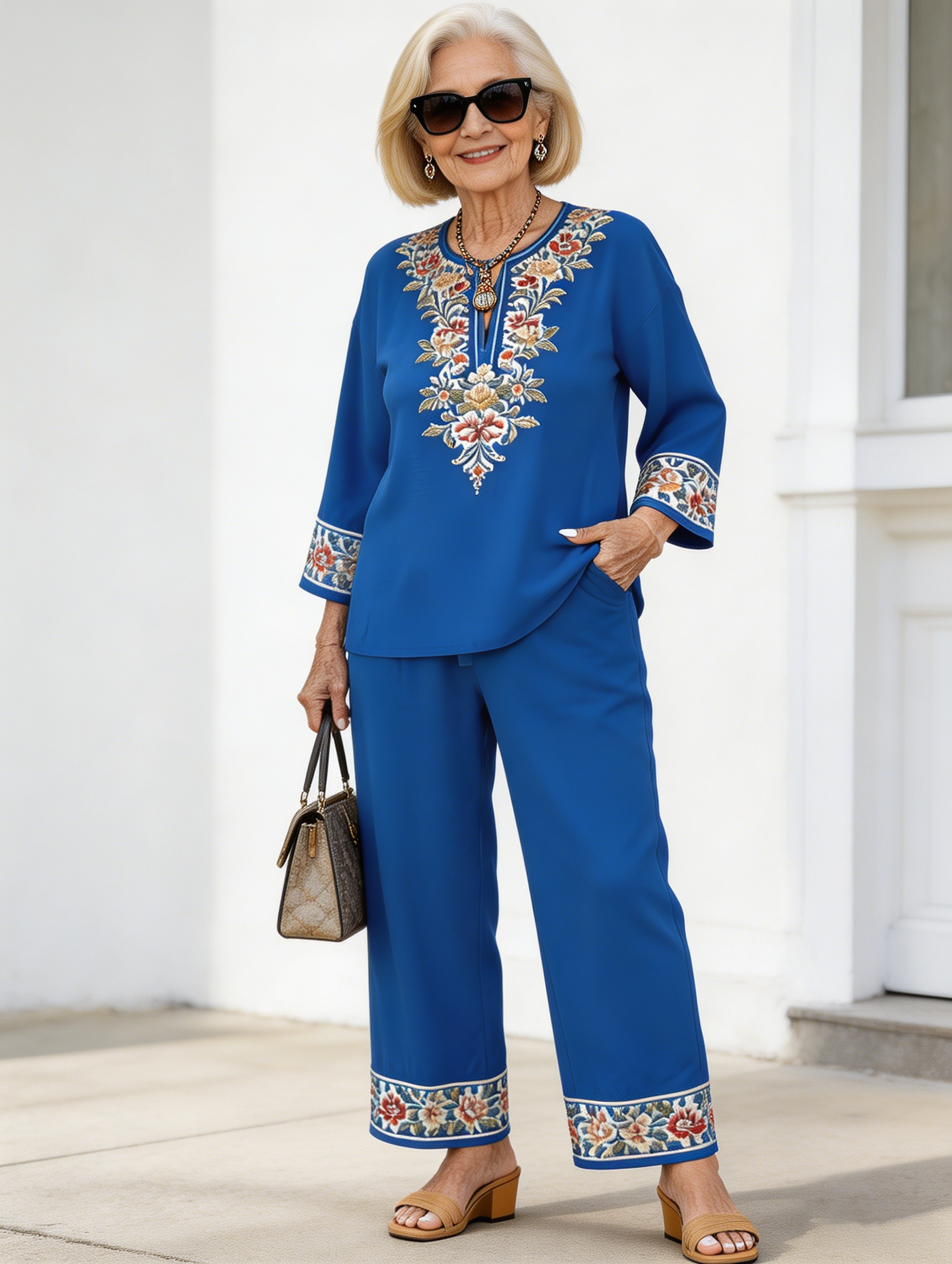 2Pcs Vacation Long-sleeved Lace Flower Long-sleeved Ethnic Style Suit