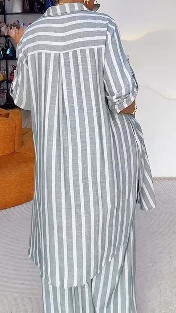 Grey Striped Linen‑Look 2‑Piece Set