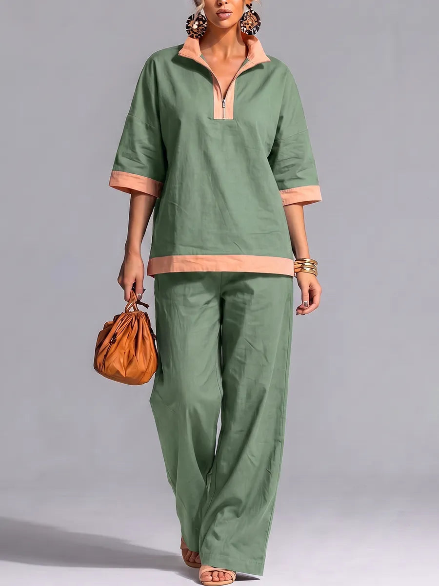 Half Sleeves Contrast Color Zipper V-neck Blouses&shirts Tops + High Waisted Pants Trousers Two Pieces Set