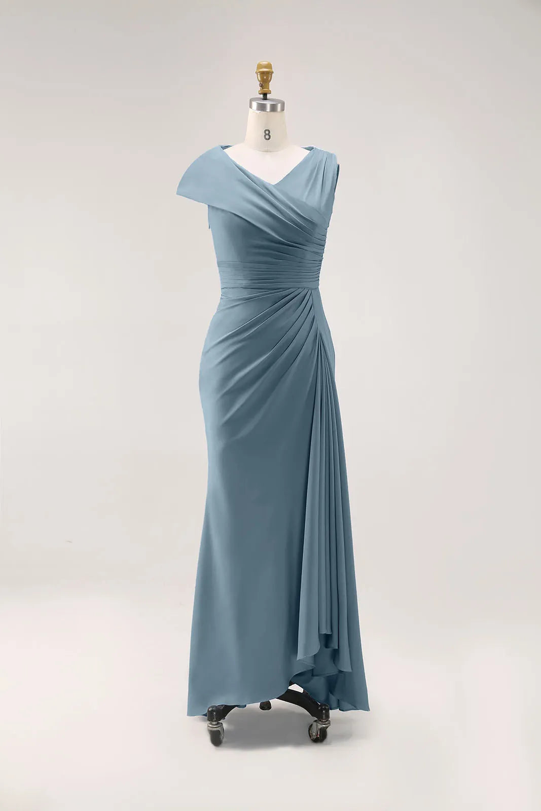 Wedding Guest Party Dress Blue Ruched V Neck Maxi Dress