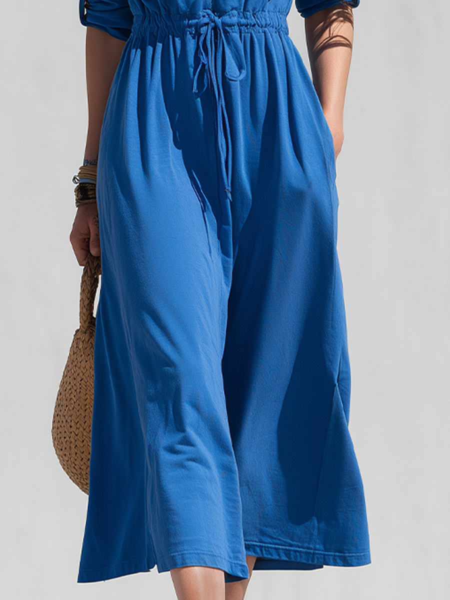 Minimalist Blue Drawstring Hooded Midi Dress