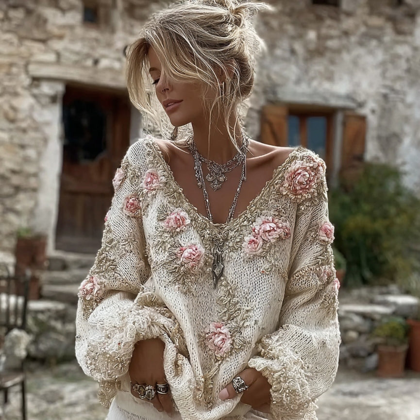 Women's Vintage Pink Flowers Art V-neck Cozy Knit Sweater