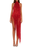 Red Beaded Fringe Halter Mini Dress/Long Sleeve Jumpsuit Collection