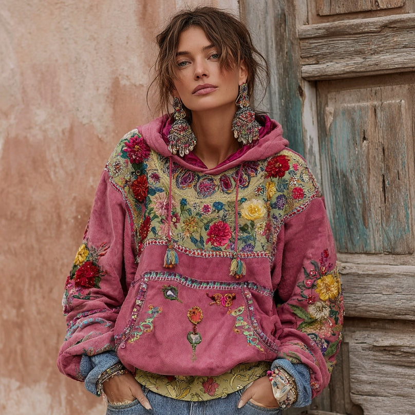 Women's Vintage Bohemian Floral Embroidery Patchwork Long Sleeve Hoodie