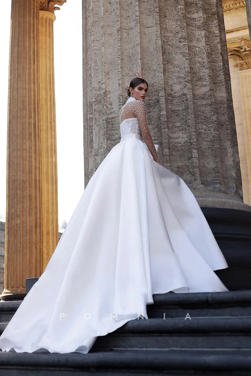 P3094 - A-Line Beaded High Neck Bow-Knots Long Sleeves Pleated Beach Wedding Gown