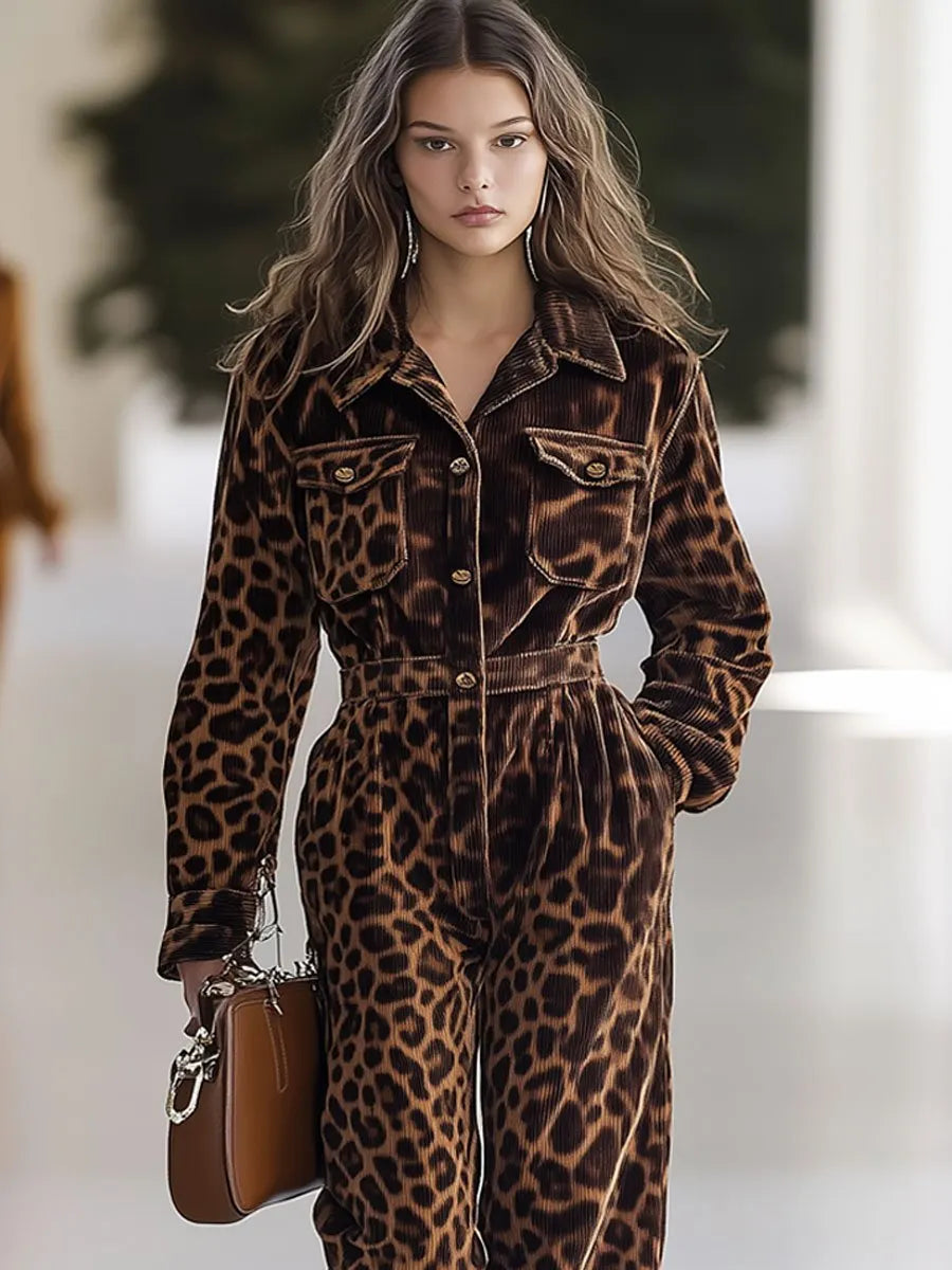 [24-hour shipping out]Casual Loose Retro Corduroy Leopard Print Multi-Pocket Long Sleeve Jumpsuit