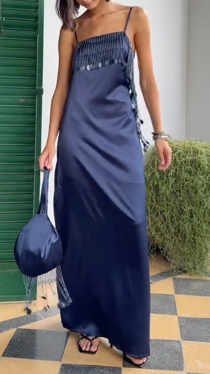 Navy Blue Satin Tassel Cami Maxi Dress