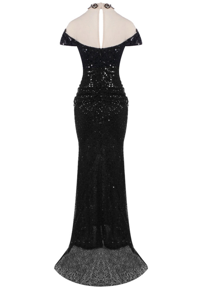 Short Sleeve Sequin Structured Maxi Dress Black