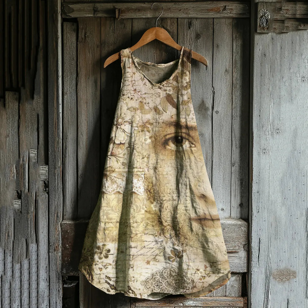Vintage Flower Face Art Linen Blend Tank Midi Dress ddba