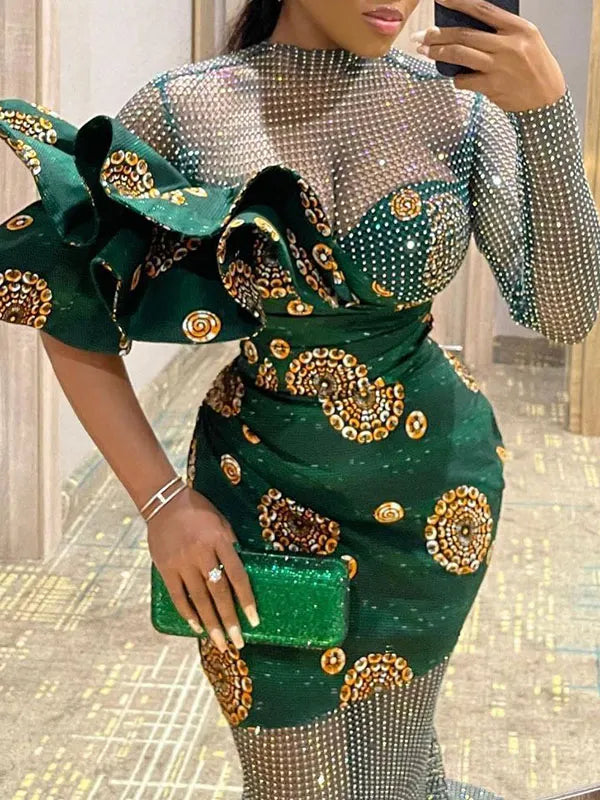 Elegant Long Sleeve Floral Printed Falbala Mesh Wrap Maxi Dress