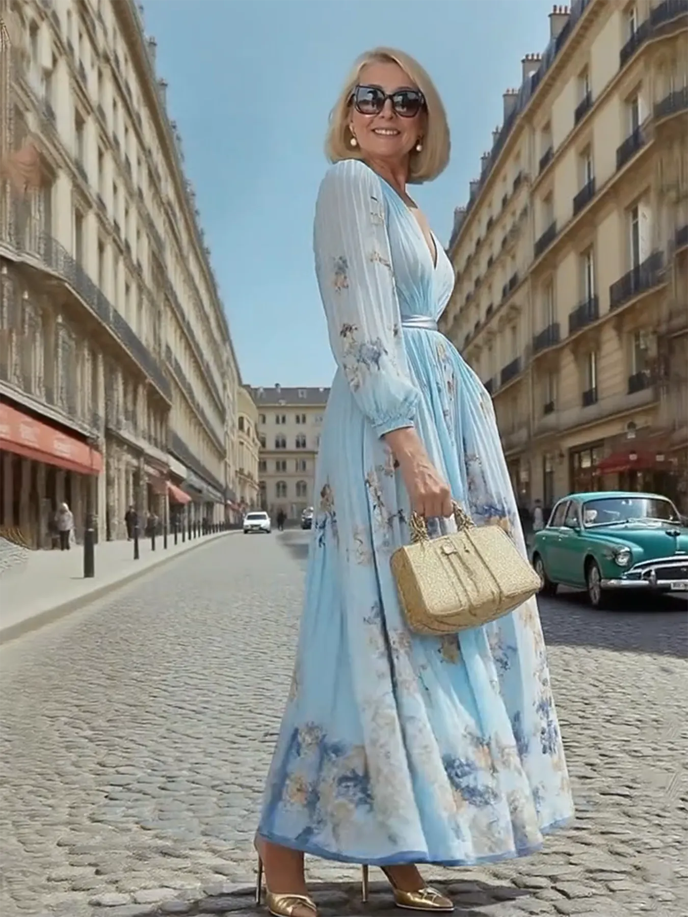 Gala Dress Digital Print V-neck Long Sleeves Pleats, Dress Long Dress