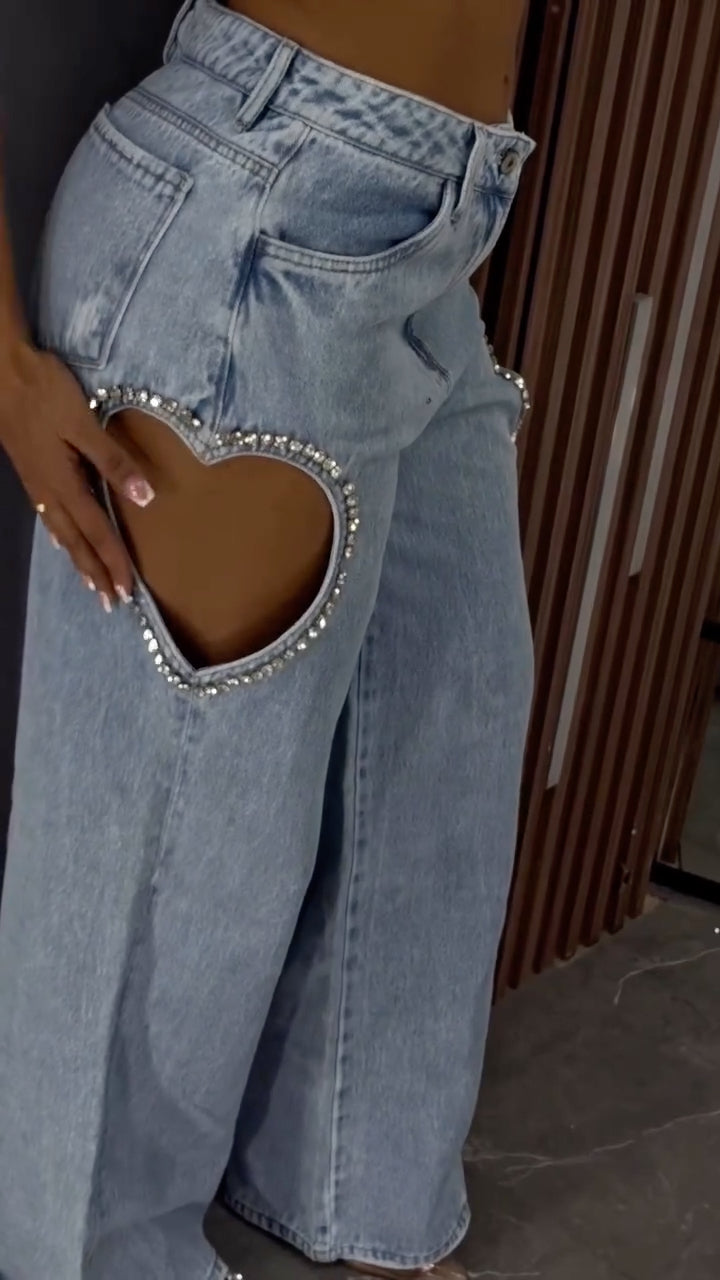Women's Rhinestone-Trimmed Heart Cut-Out Jeans