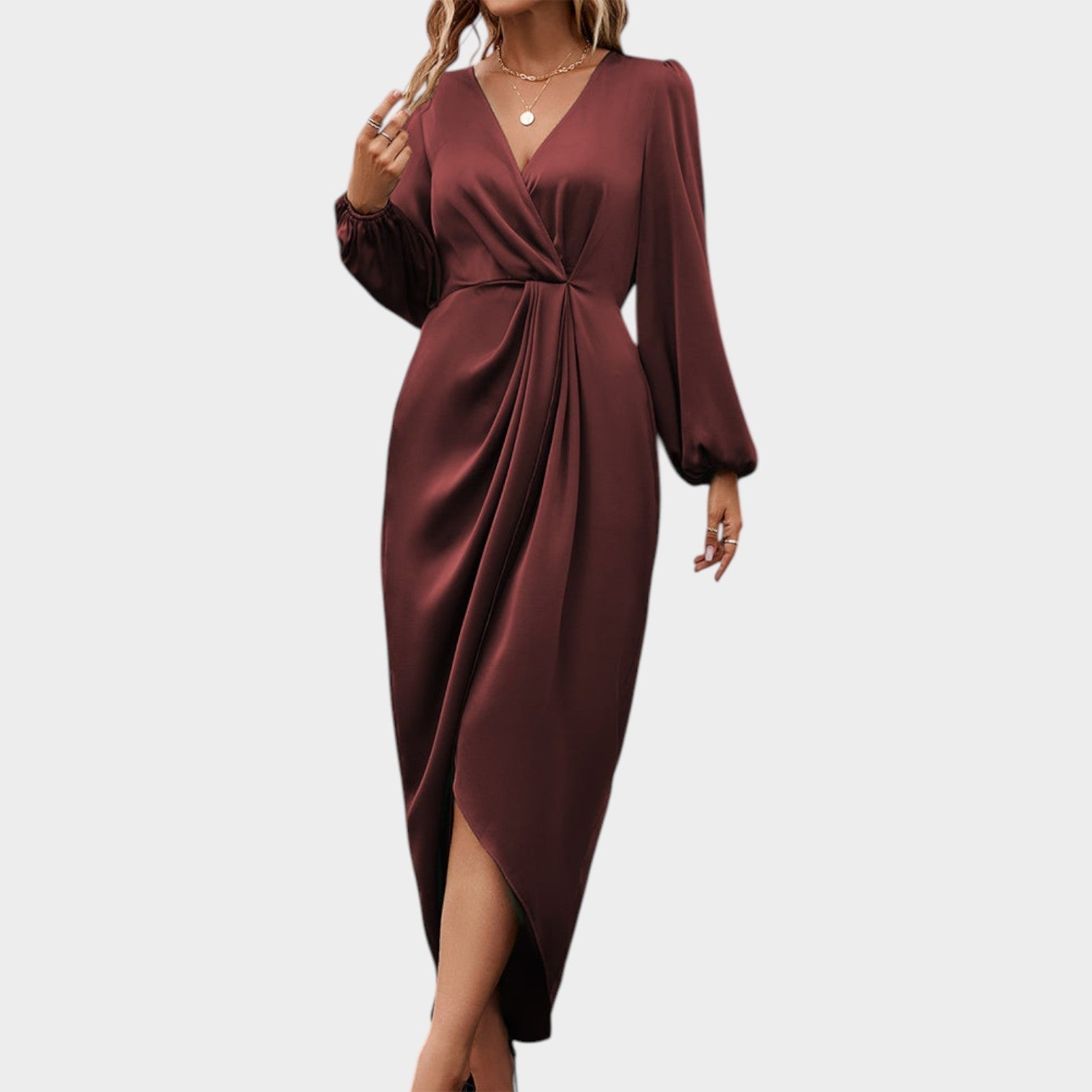 Long Sleeve Satin Wrap Dress