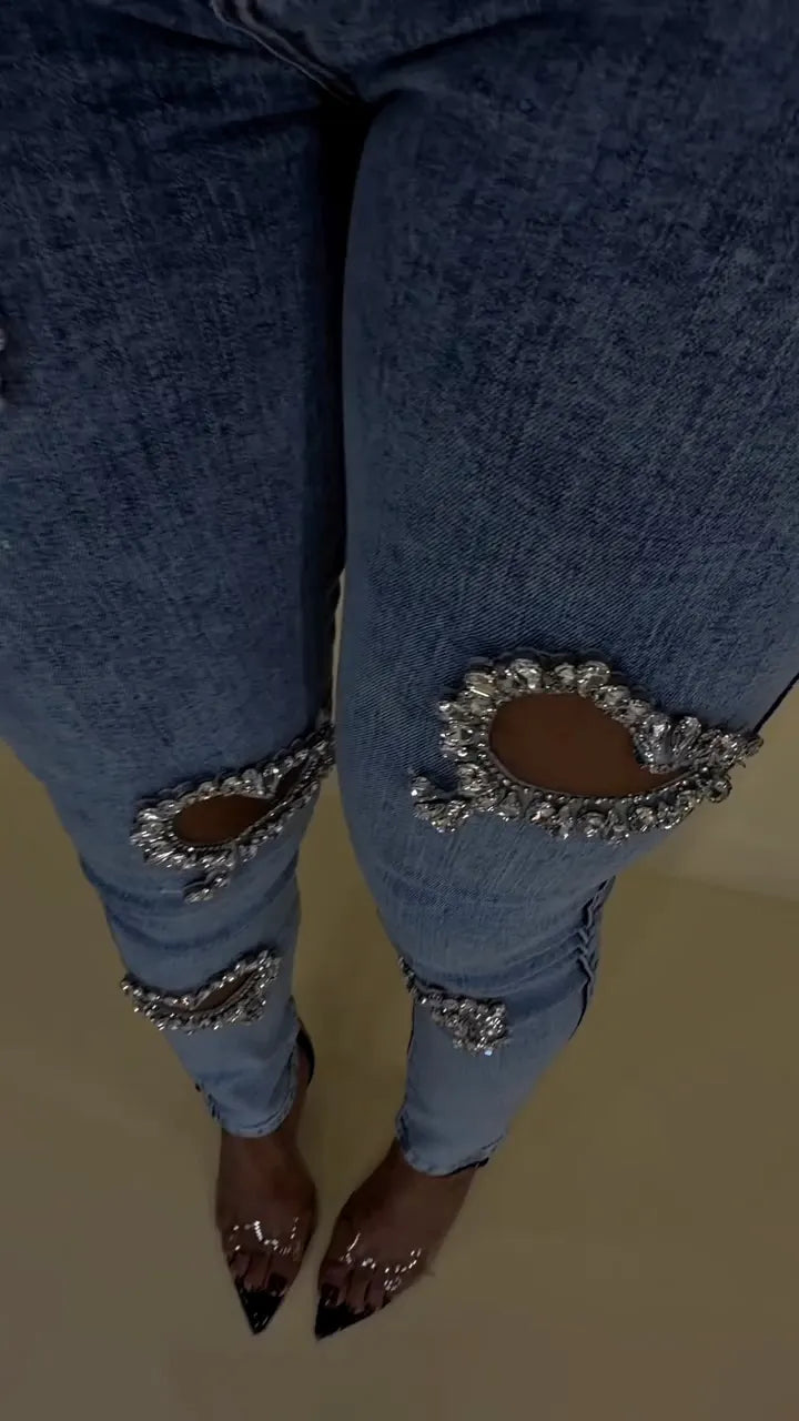 Light Blue Heart-Shaped Rhinestone Cutout Skinny Jeanss