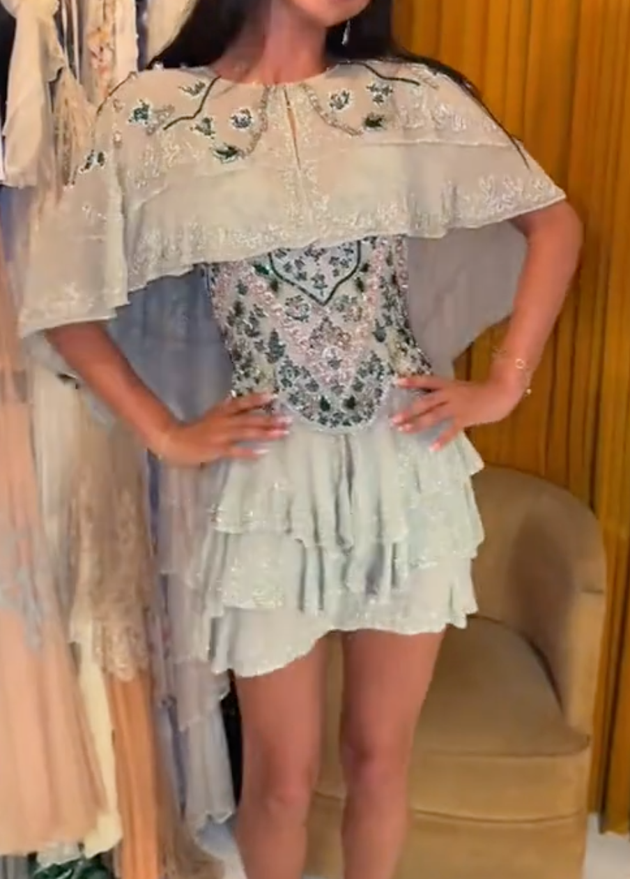 Black/White/Green Beaded Chiffon Capelet Mini Dress with Tiered Ruffle Skirt