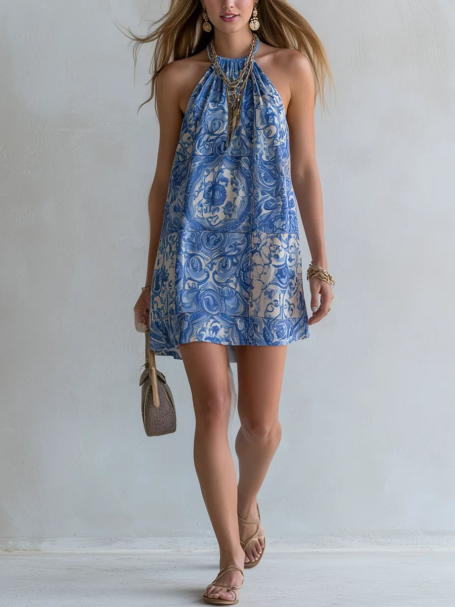 Bohemian Blue Porcelain Print  Mini Dress