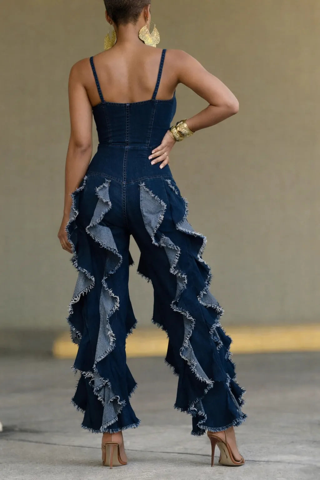 Dark Blue Denim Ruffle Wide Leg Jumpsuit