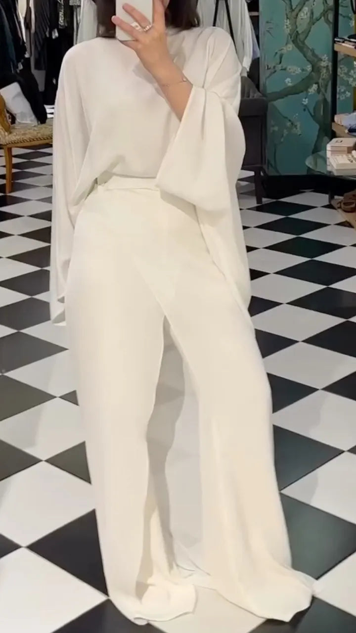 Draped High‑Neck Top & Wrap‑Front Wide Leg Pants Co‑Ord Set