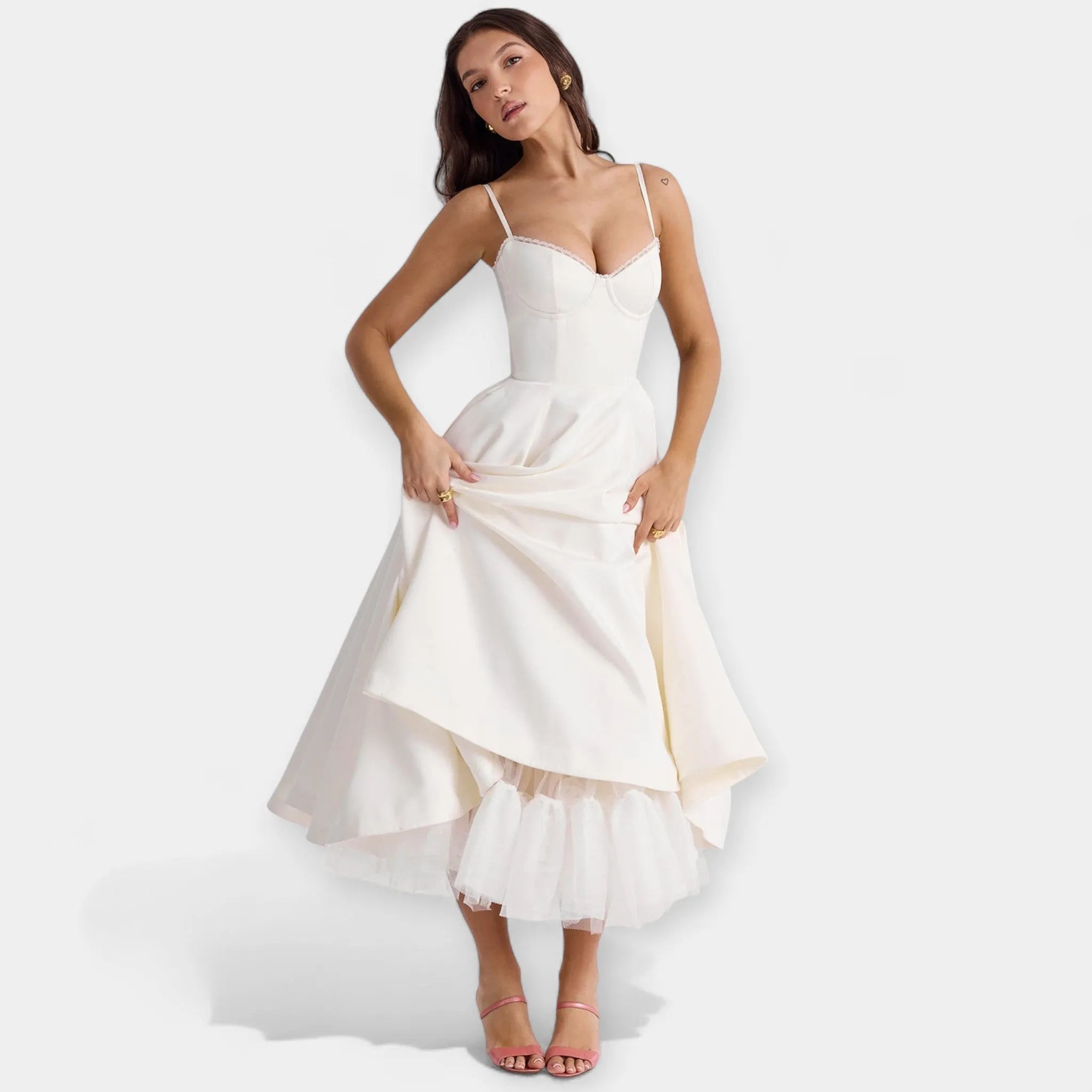 Midi Dress with Tulle Sheer Details