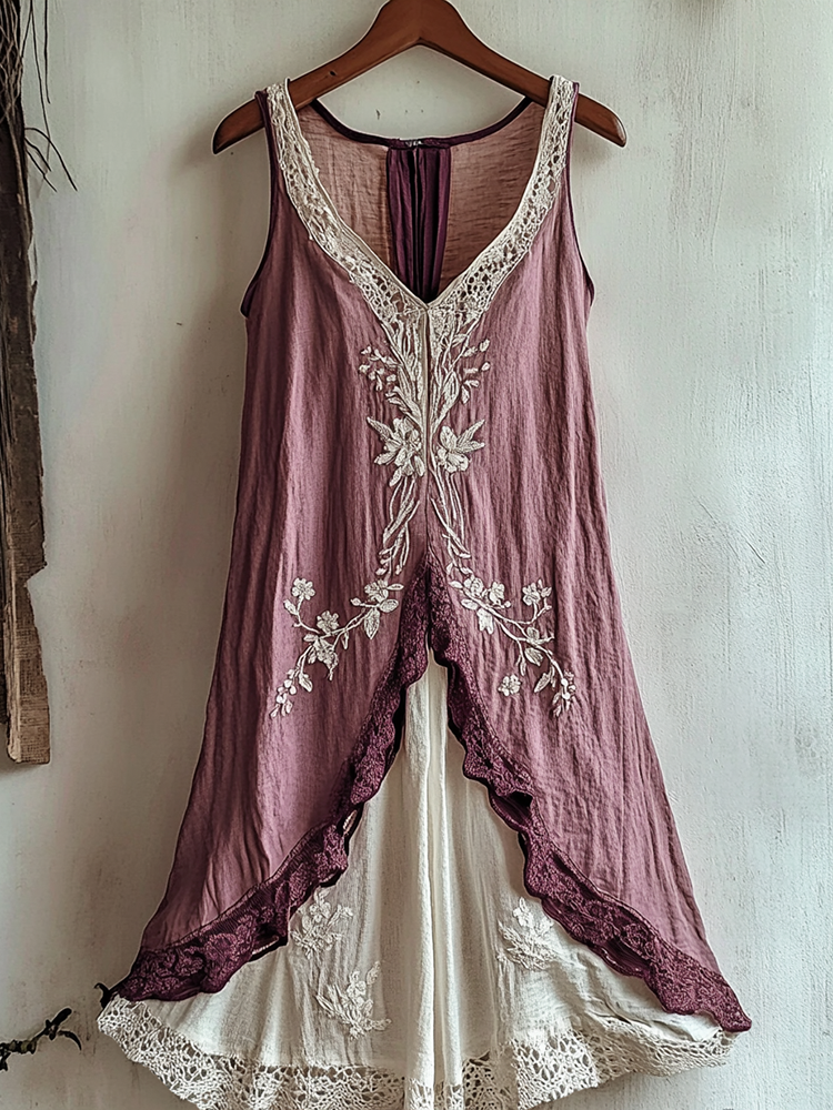 Women's Cherry Blossom Lace Art Linen Tank Dress
