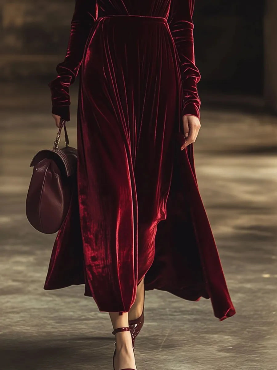 [24-hour shipping out]V-Neck Retro Solid Color Velvet Long-Sleeved Midi Dress