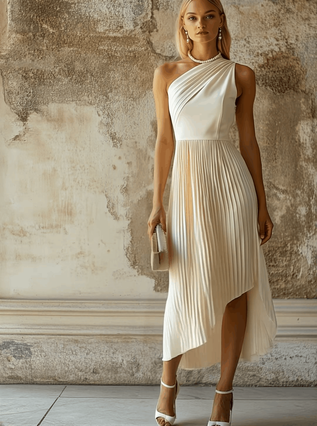 [24-hour shipping out]Elegant High-end Evening Gown White Pleated Sleeveless Midi Dress