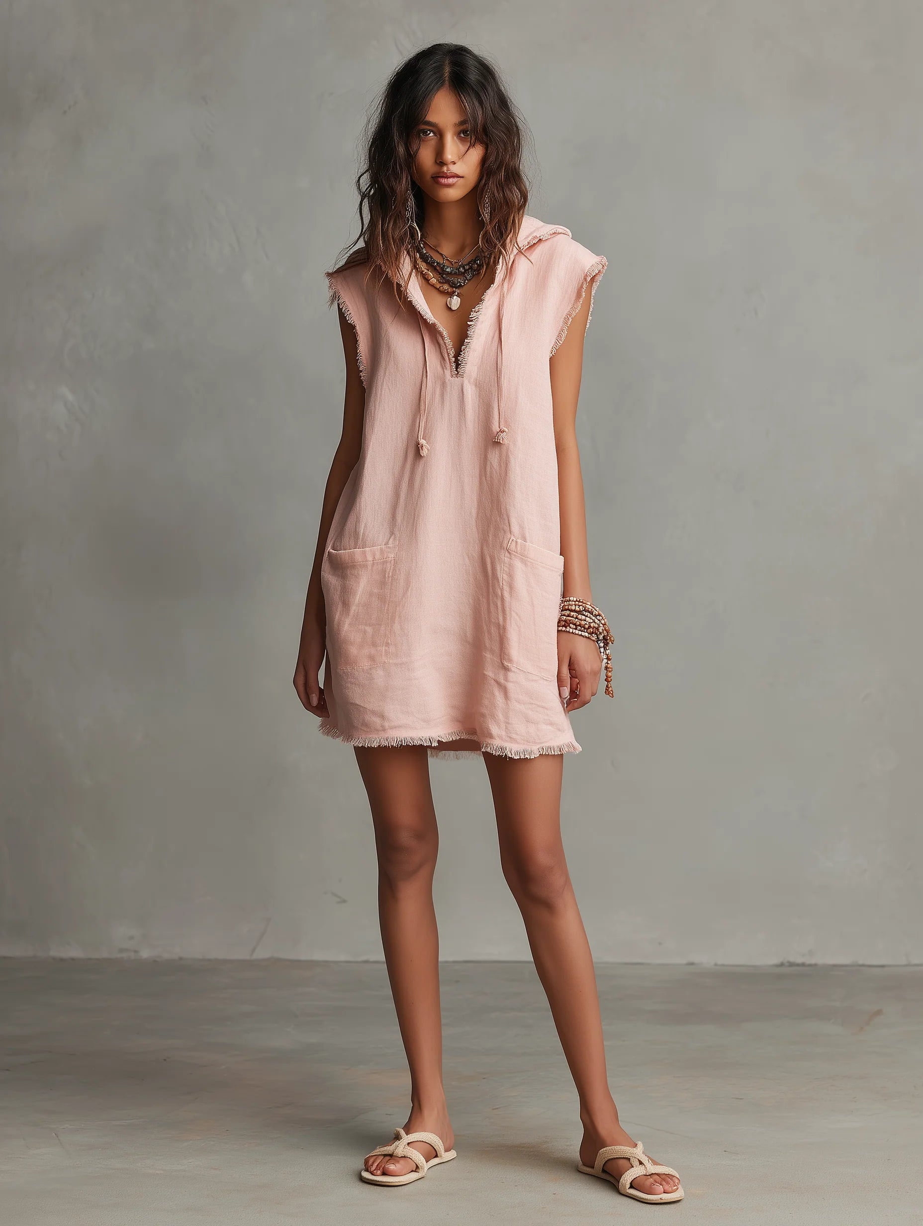 Pink Hooded Sleeveless Linen Mini Tunic Dress