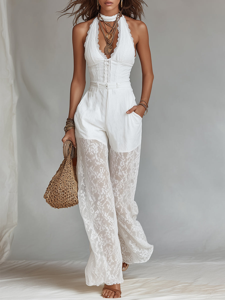 Bohemian-style Set: Lace-trimmed Spaghetti Strap Camisole And Lace-paneled Wide-leg Pants