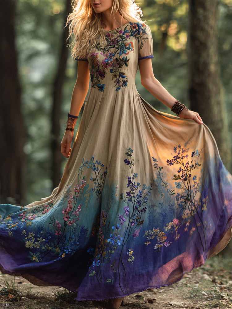 Boho Vintage Ethnic Floral Art Women's Linen Short Sleeve Flowy Maxi Dress