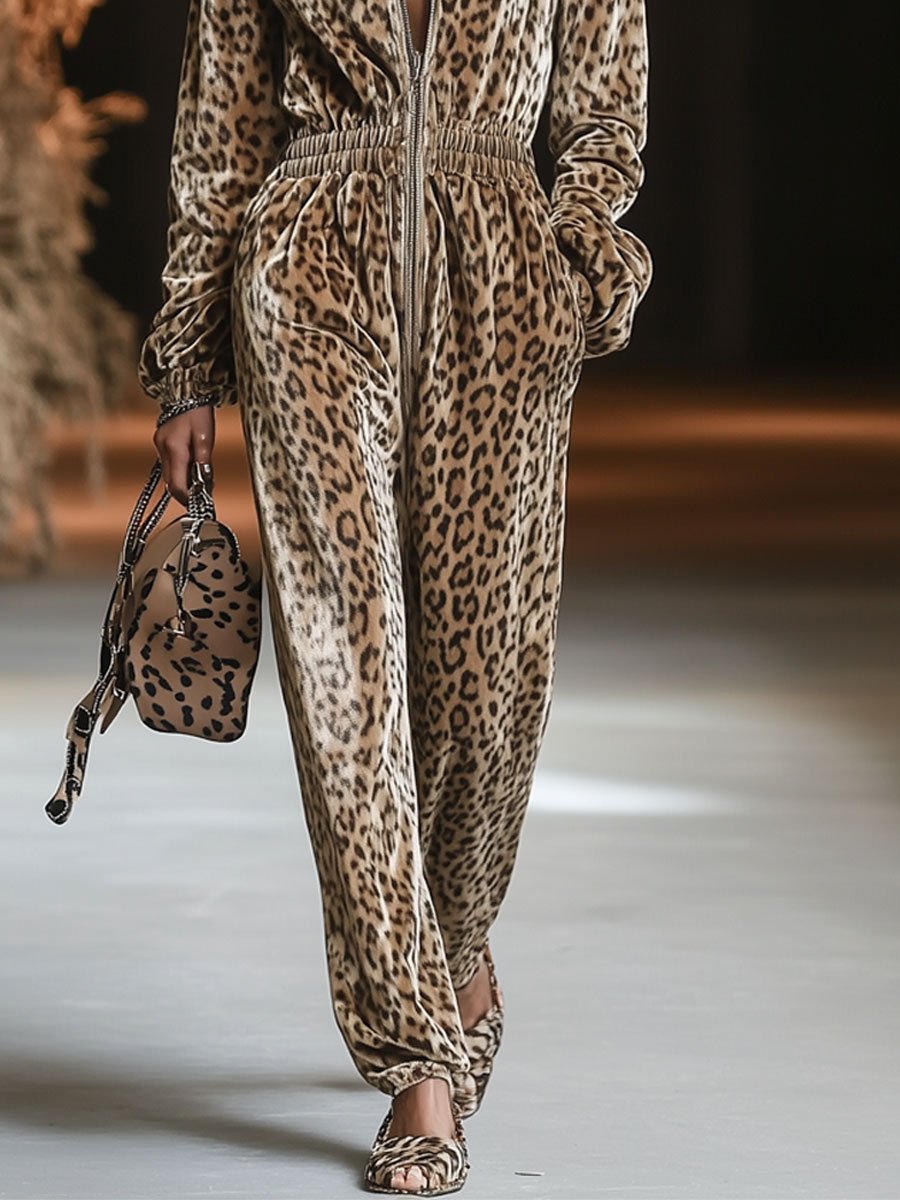 [24-hour shipping out]Casual Loose Vintage Velvet Leopard Print Zipper Hooded Jumpsuit