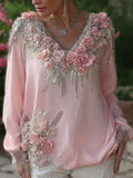 Vintage Boho Roses Art Glitter Cozy Linen Tunic